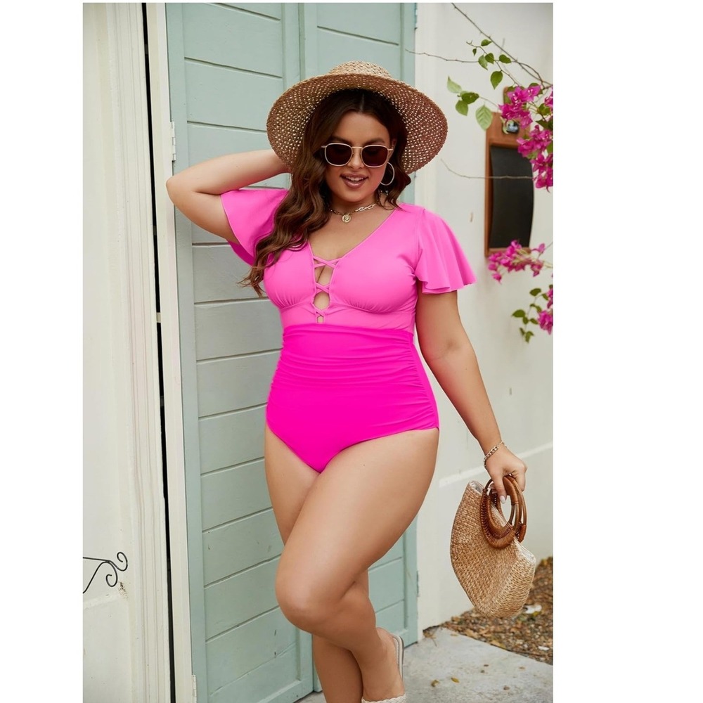 Blooming Jelly One Piece Women XXL Pink Lace Up Flutter Sleeve Retro 423 NWT - Picture 3 of 12